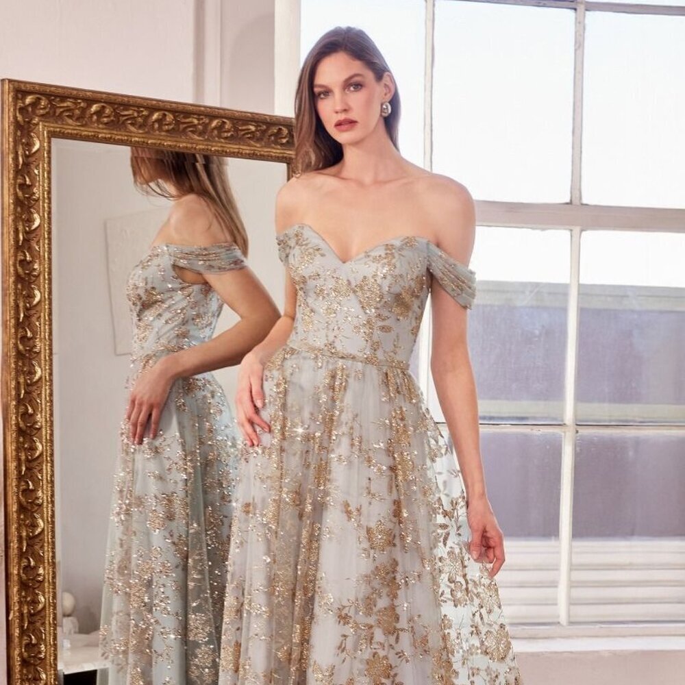 New Off Shoulder A-Line Sequins Embellished Maxi Gown w/ Sweetheart Neck CD T607